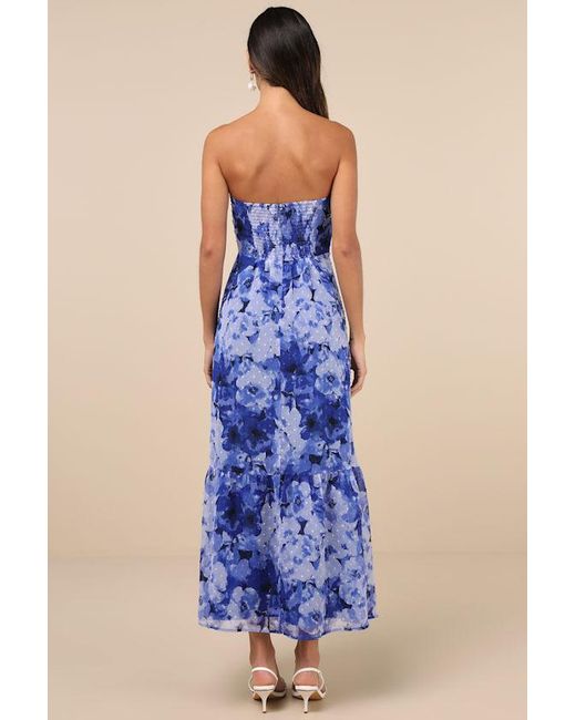 Lulus Blue Bright Perspective And Floral Strapless Midi Dress