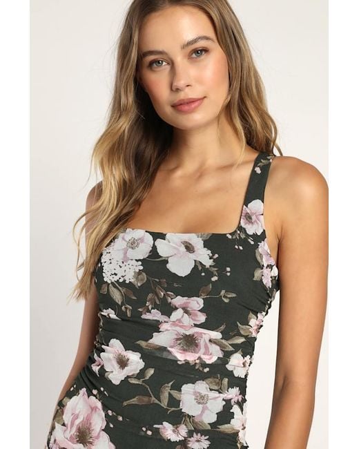 Lulus Green V.I.P. Treatment Floral Mesh Ruched Bodycon Midi Dress