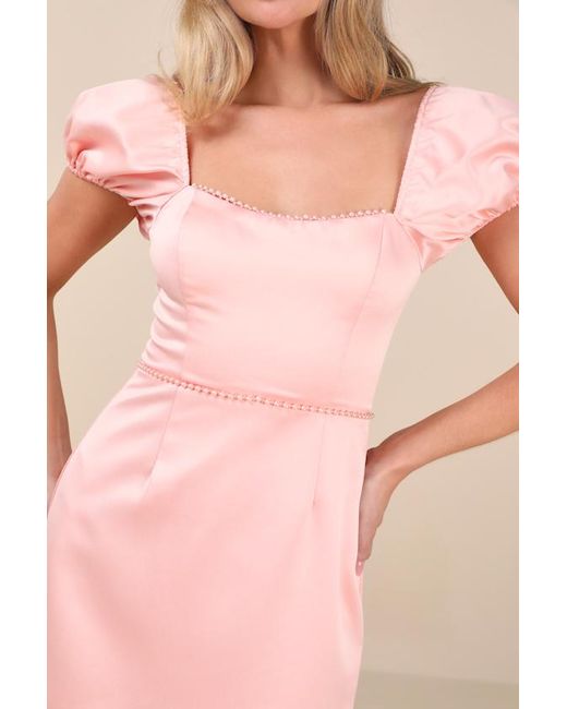 Lulus Pink Adorable Poise Pearl Puff Sleeve Mini Dress