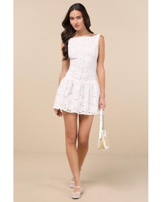 Extro & Vert Aurora Eyelet Embroidered Drop-Waist Mini Dress in Natural |  Lyst