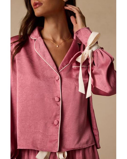 Lulus Pink Kelda Satin Ruffled Two-Piece Pajama Set
