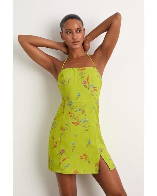 Lulus Yellow Catch The Bouquet Lime Floral Halter Lace-Up Mini Dress