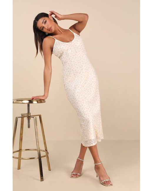 Lulus Natural Edaline Cream Floral Sequin Slip Midi Dress