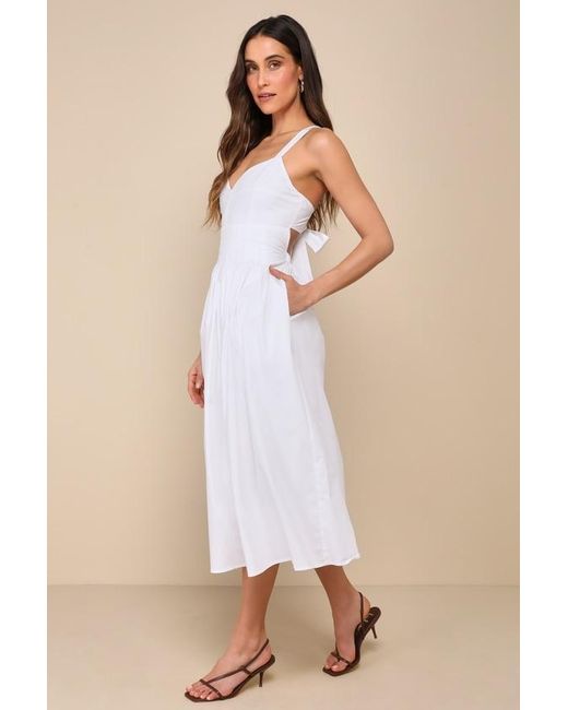 Lulus Natural Strolling Sicily Pleated Backless Midi Dress With Pockets
