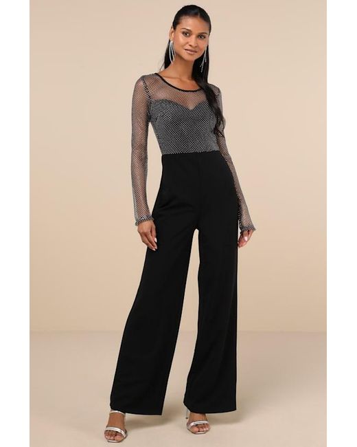 Lulus Black Beyond Glamorous Fishnet Rhinestone Jumpsuit
