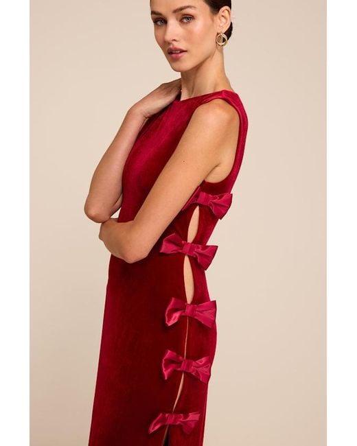 Lulus Red Cordelia Velvet Bow Cutout Column Maxi Dress