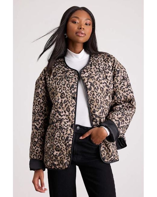 Lulus Brown Lisa Leopard Print Collarless Quilted Jacket