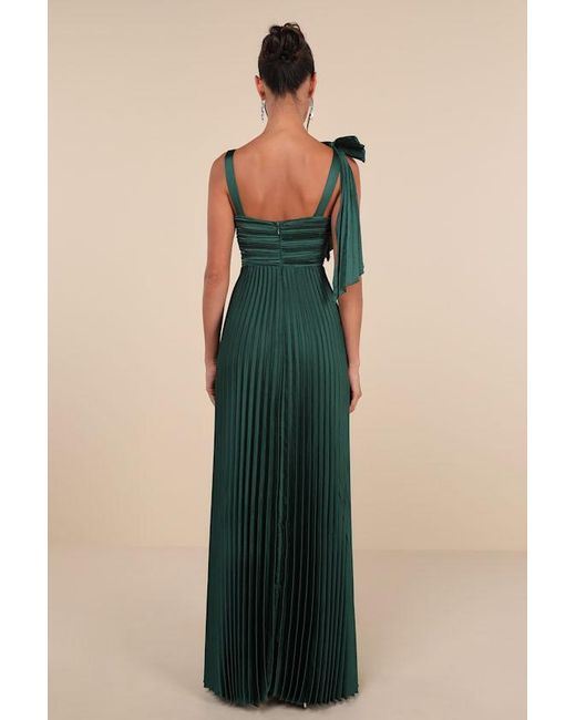 Lulus Green Gorgeous Purpose Emerald Satin Pleated Sleeveless Bow Maxi Dress