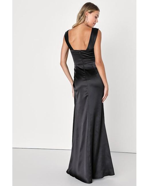 stunning arrival black satin off-the-shoulder maxi dress Stunning Arrival Black Satin Off-The-Shoulder Maxi Dress