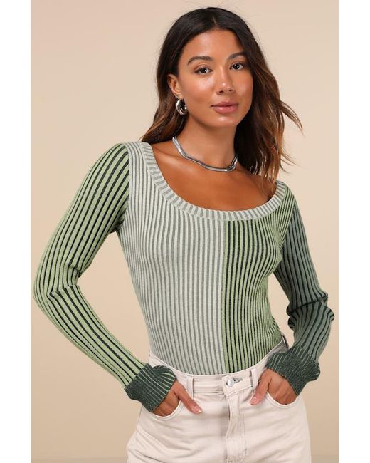 Lulus Green Mod Cutie Color Block Ribbed Long Sleeve Bodysuit