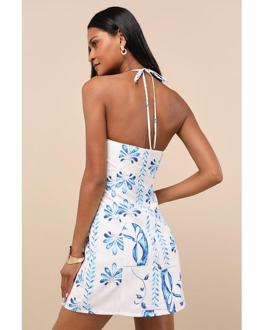 Lulus Blue Prue Ivory And Tile Print Halter Mini Dress