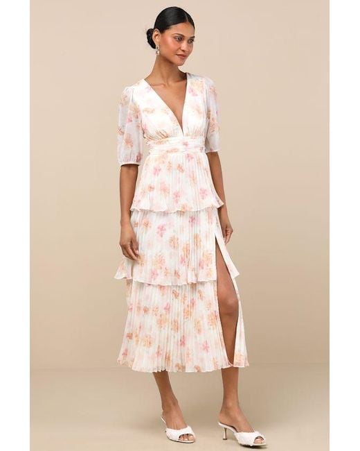 Lulus Natural Jadia Floral Pleated Tiered Midi Dress