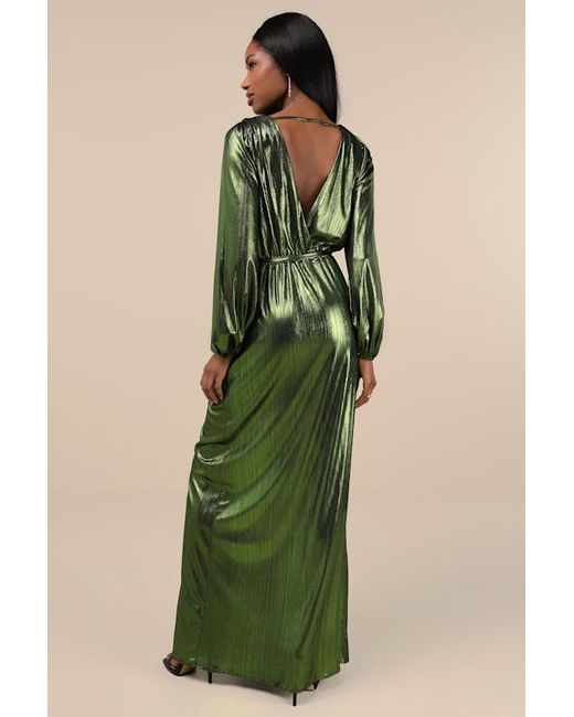 Lulus Green Extra Aesthetic Metallic Long Sleeve Surplice Maxi Dress
