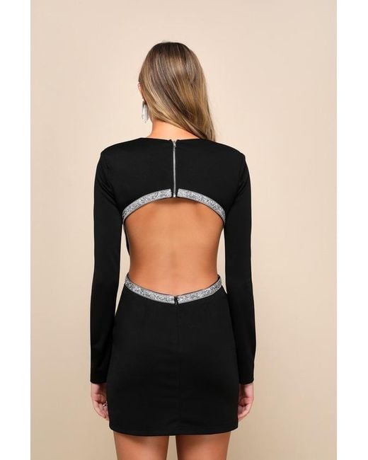 Lulus Sparkling Stunner Rhinestone Cutout Long Sleeve Mini Dress in Black