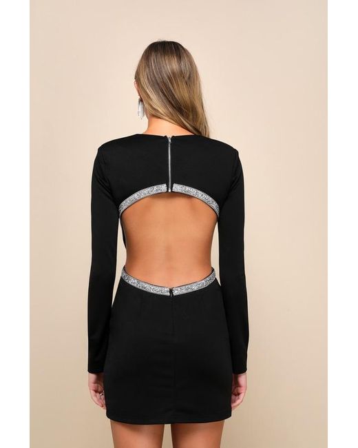 Lulus Black Sparkling Stunner Rhinestone Cutout Long Sleeve Mini Dress