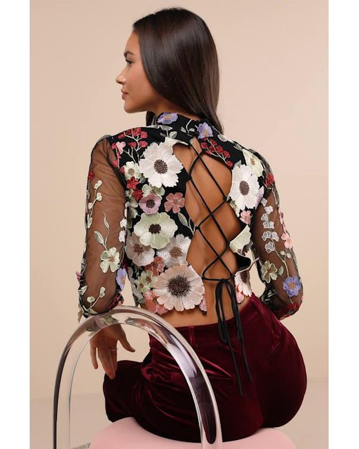 Lulus Black Fantastic Charisma 3D Floral Lace-Up Top