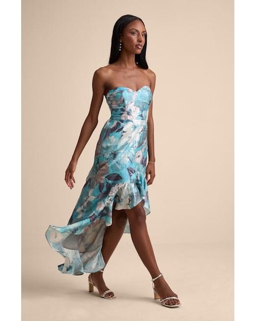 Lulus Blue Blushing Darling Floral Strapless High-Low Maxi Dress