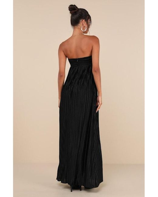 Lulus Black Whimsical Beauty Satin Plisse Strapless Maxi Dress