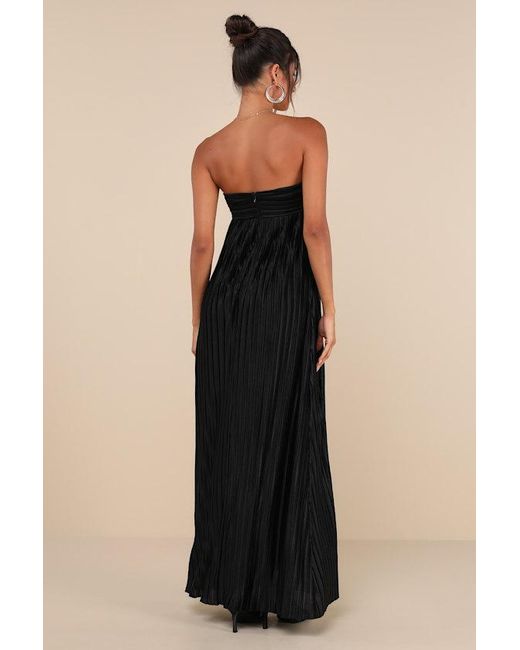 Lulus Black Whimsical Beauty Satin Plisse Strapless Maxi Dress