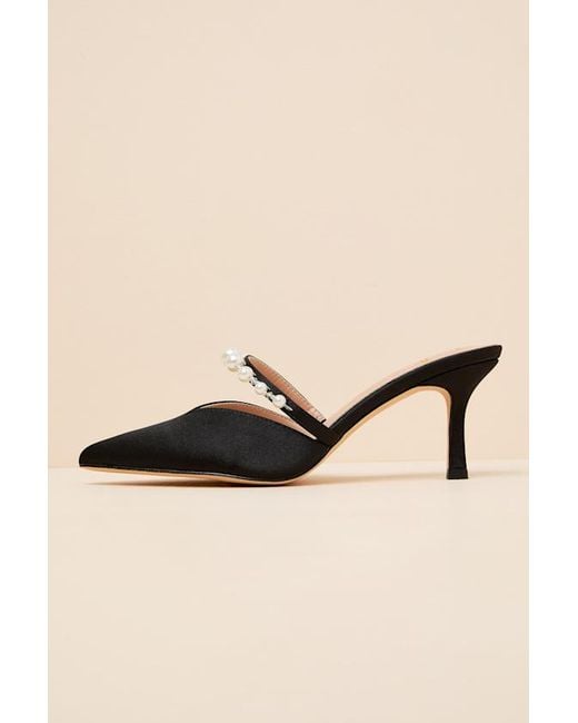 Lulus Black Daryll Satin Pearl Pointed-Toe Mule Pumps