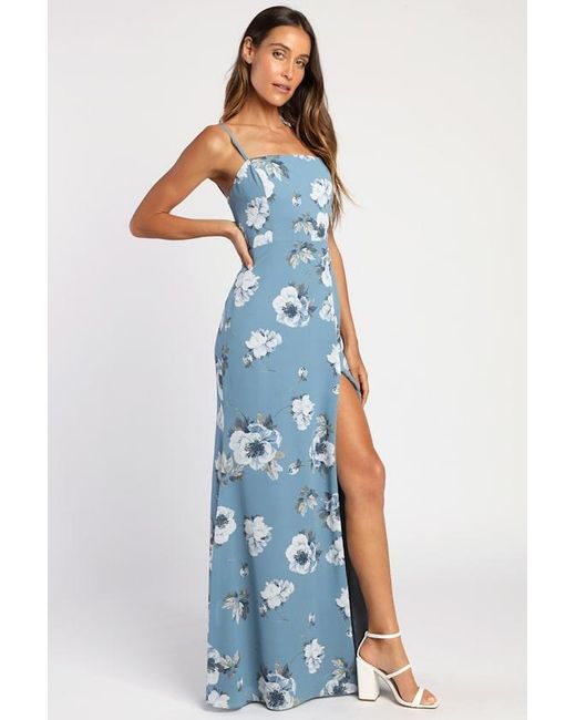 Lulus Blue Feeling Elegant Floral Print Lace-Up Slit Maxi Dress