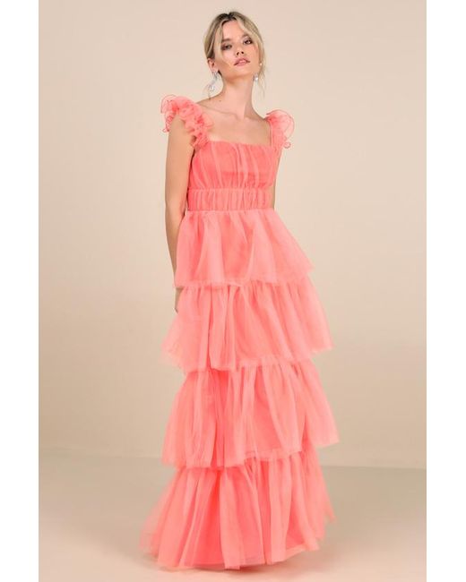 Lulus Pink Tulle For Love Mesh Tulle Tiered Ruffled Maxi Dress
