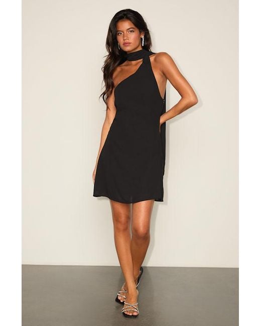 Lulus Black Isloda One-Shoulder Backless Sash Mini Dress
