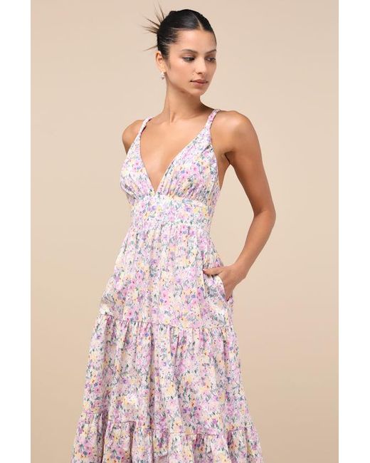 Lulus Pink Brightly Blossoming Multi Floral Tiered Midi Dress