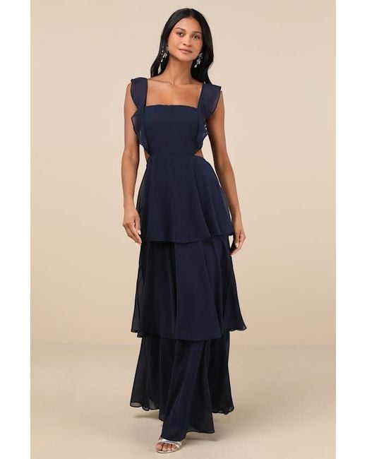 Lulus Blue Elegant Event Ruffled Tie-Back Tiered Maxi Dress