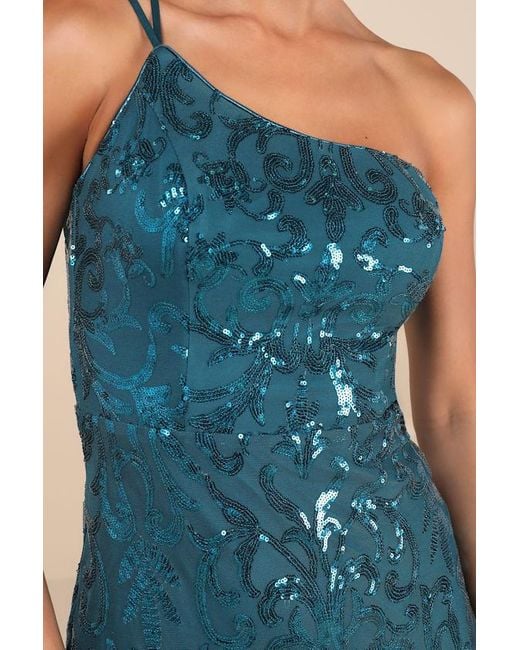 Lulus Blue Sparkling Persuasion Sequin One-Shoulder Mini Dress