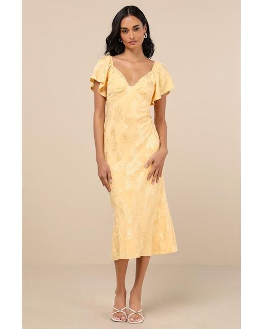 Lulus Natural Effervescent Afternoon Satin Flutter Sleeve Midi Dress