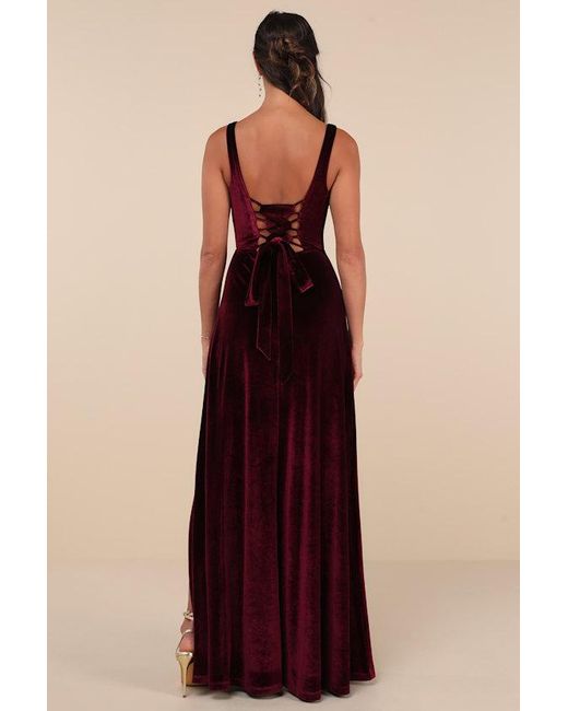 Lulus Red Graceful Invite Dark Plum Velvet Square Neck Lace-Up Maxi Dress
