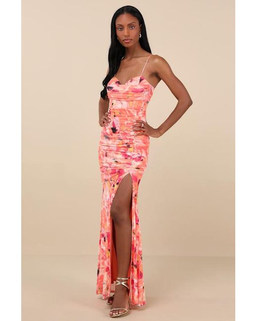 Lulus Pink Stunning Wonder Floral Mesh Bustier Mermaid Maxi Dress