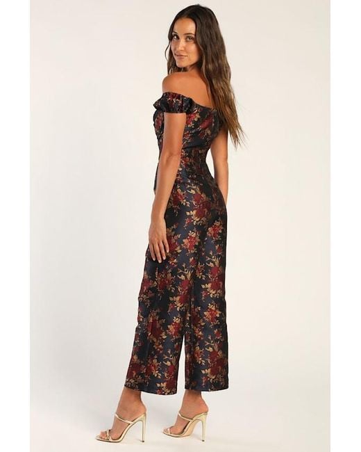Lulus Blue New Glam Floral Jacquard Off-The-Shoulder Jumpsuit