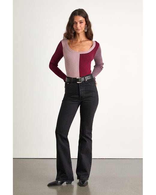 Lulus Red Mod Cutie Color Block Ribbed Long Sleeve Bodysuit