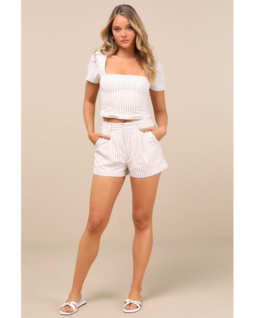 Lulus Natural Danai And Striped Short Sleeve Crop Top