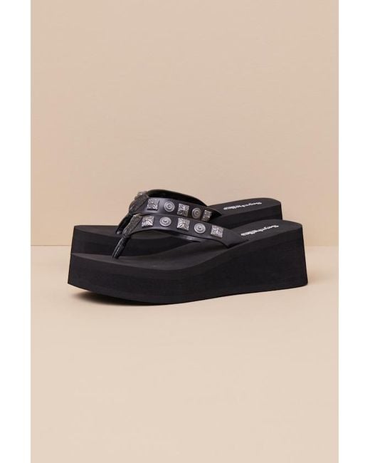 Seychelles Black Skyscraper Studded Platform Thong Sandals