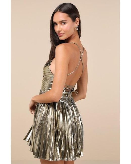 Lulus Natural Glamorous Choice Metallic Pleated Lace-Up Mini Dress