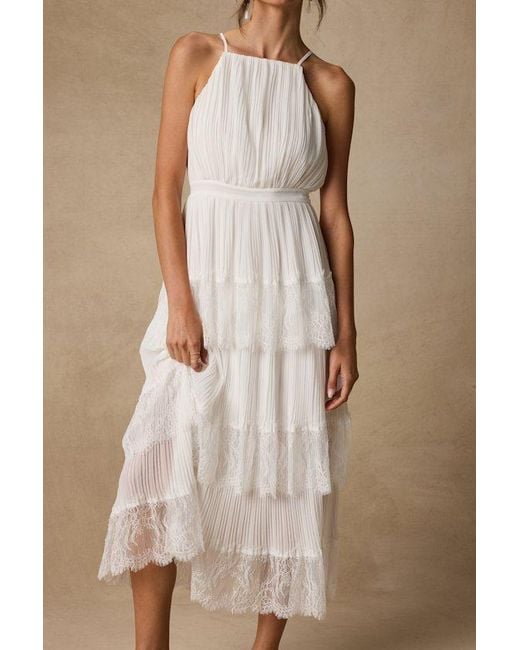 Lulus Natural Came For Cocktails Pleated Tiered Lace Maxi Dress