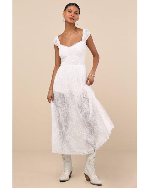 Lulus Natural Enisa Sheer Lace Cap Sleeve Midi Dress