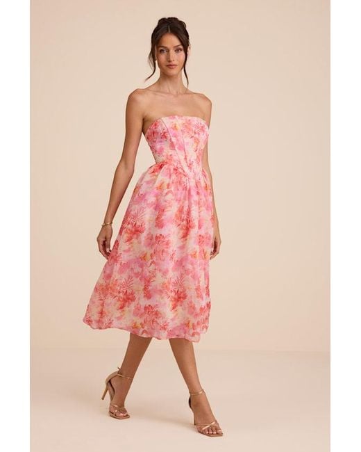 Lulus Pink Eulalia Floral Lace-Up Strapless Bustier Midi Dress