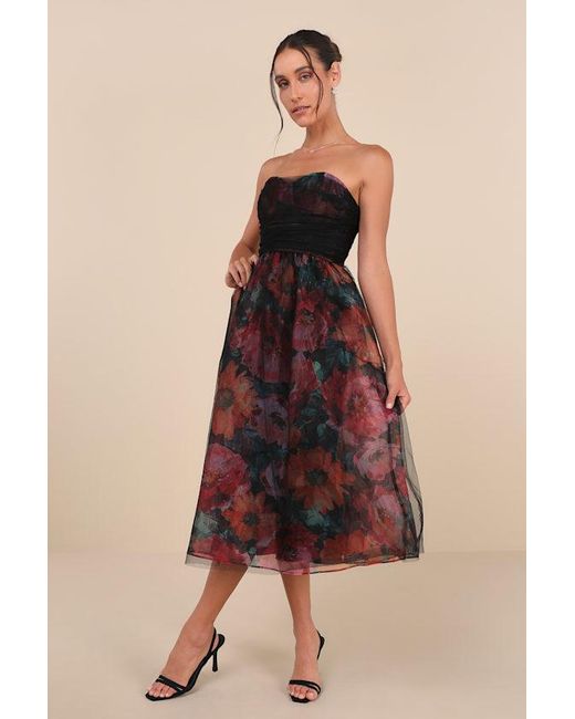 Lulus Natural Splendidly Yours Floral Organza Mesh Strapless Midi Dress