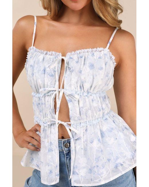 Lulus Blue Mariasole Floral Lace Tie-Front Cami Top