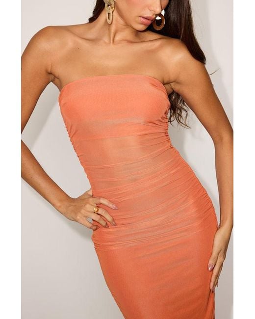 Lulus Orange Utterly Attractive Mesh Ruched Strapless Midi Dress