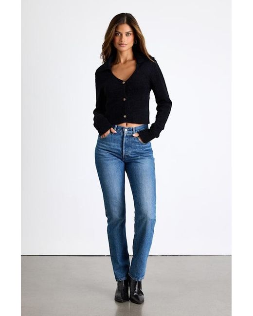 Lulus Black Poehler Eyelash Knit Collared Cropped Cardigan
