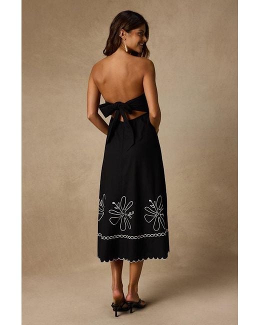 Lulus Black Leticia Linen Embroidered Tie-Back Midi Dress