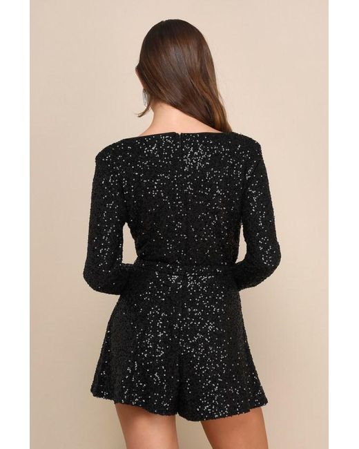 Lulus Black Cue The Shine Sequin Long Sleeve Romper