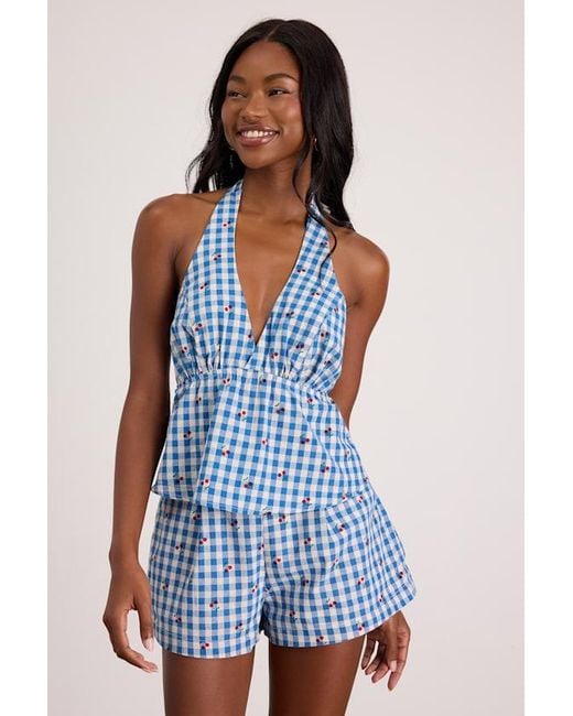 Lulus Blue Kelsey Gingham Cherry High-Rise Shorts
