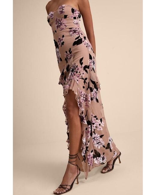 Lulus Natural Chelisa Floral Ruffled Strapless Bustier Maxi Dress