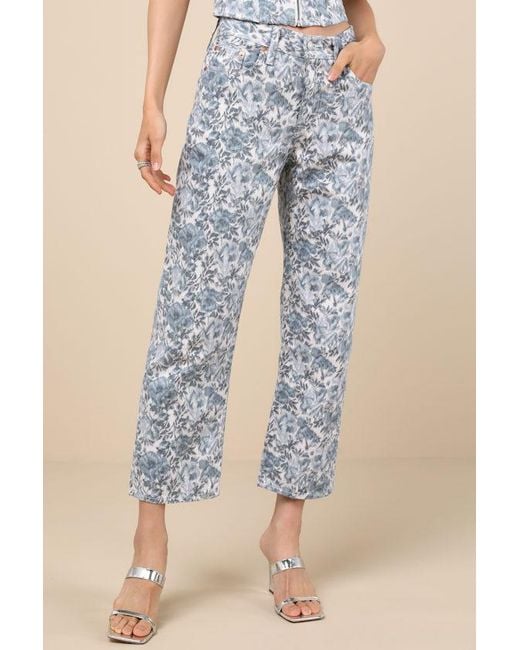 Levi's Blue 501 90's Ankle Medium Wash Floral Mid-Rise Straight Leg Jeans